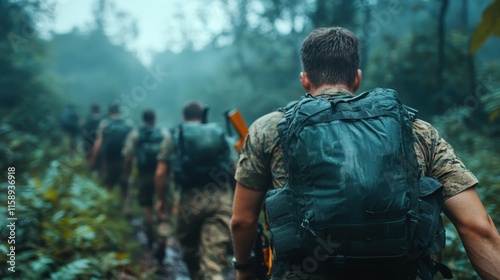 A group of military personnel with backpacks making their way through a verdant jungle path, symbolizing themes of bravery, endurance, and strategic movement. photo