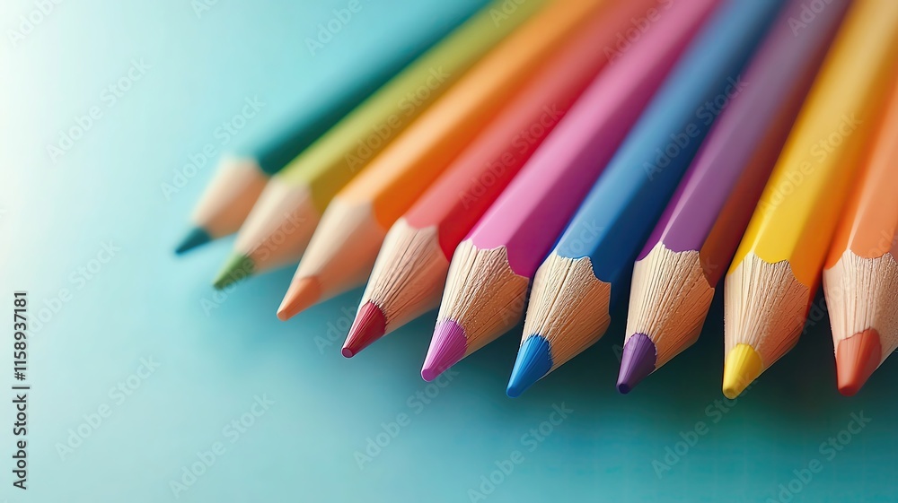 Isolated on white background, a set of high-quality colored pencils neatly arranged, designed in flat art style,