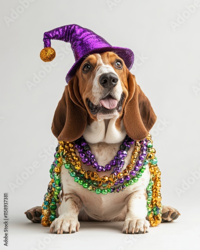 Adorable Basset Hound Dressed in Purple Party Hat and Colorful Beads for Celebration, Smiling Cheerfully Against a Bright Background photo