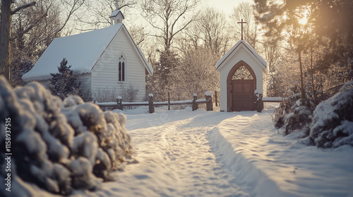 Serene Snow-Covered Path Leading to a Quaint White Chapel at Sunrise photo