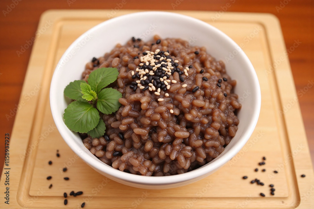 Bowl of mixed brown rice with sesame seeds on cutting board Bowl of mixed brown rice with sesame seeds on cutting board