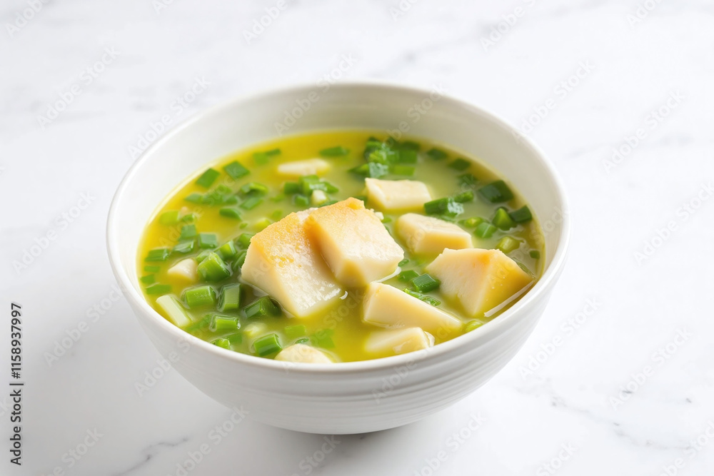 Bowl of soup with ingredients on white ceramic Bowl of soup with ingredients on white ceramic