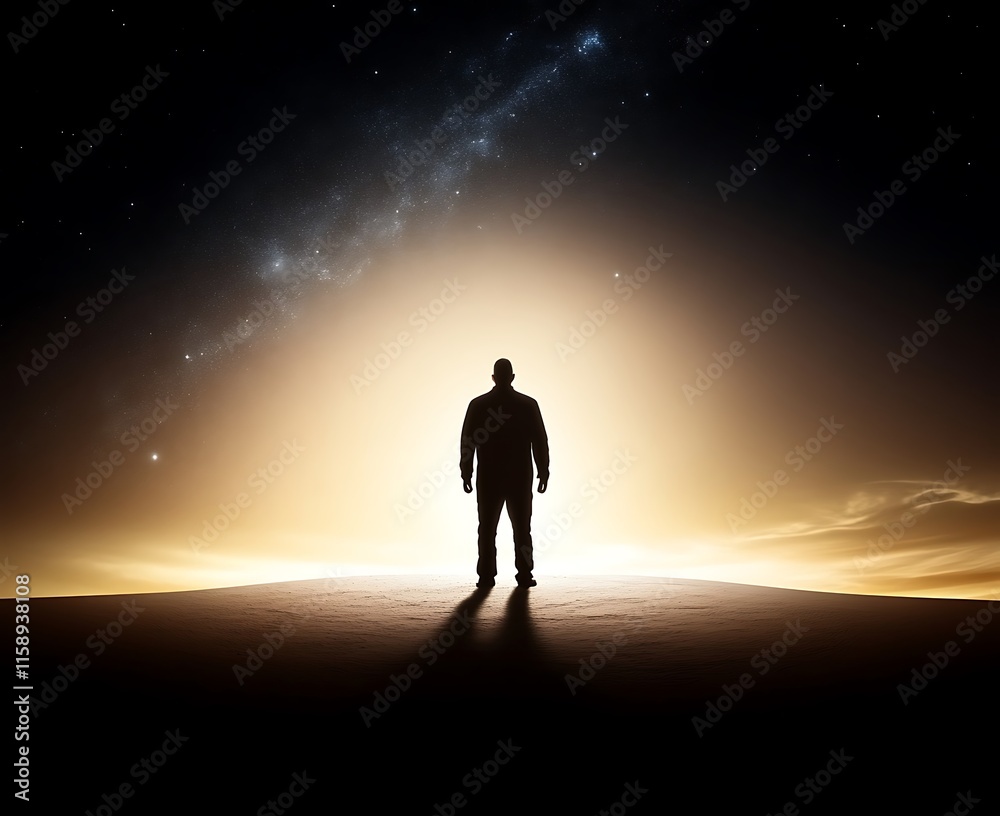 Silhouette of a man standing on a hilltop at sunset, looking towards a bright galaxy in the night sky. Silhouette of a man standing on a hilltop at sunset, looking towards a bright galaxy in the night sky.