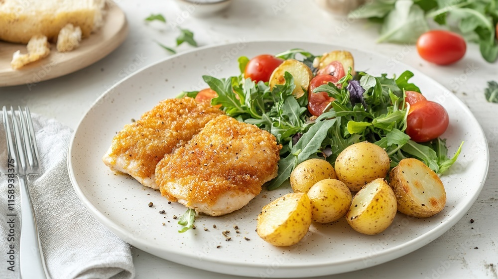 Delicious Chicken Fillet with Fresh Salad and Mini Potatoes on a White Plate, Captured in 3/4 View with Soft Studio Lighting for Food Photography Delicious Chicken Fillet with Fresh Salad and Mini Potatoes on a White Plate, Captured in 3/4 View with Soft Studio Lighting for Food Photography