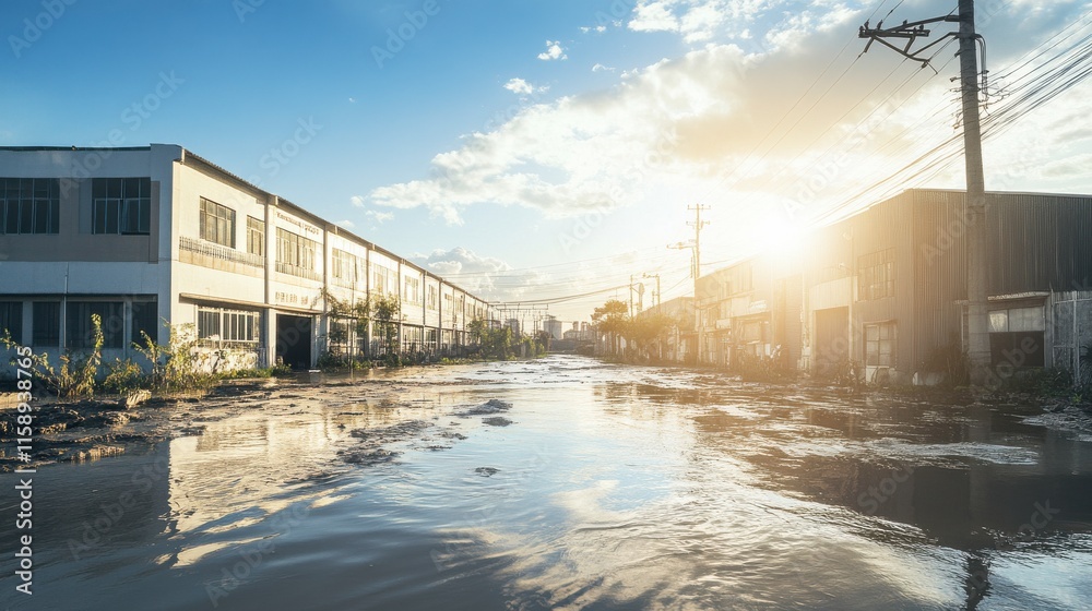 Flooded Industrial Neighborhood Under Bright Midday Sun