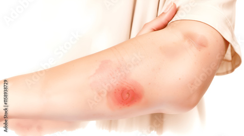  image of arm suffering severe urticaria or hives or kaligata. scratching itchy hands. Allergy symptoms. photo