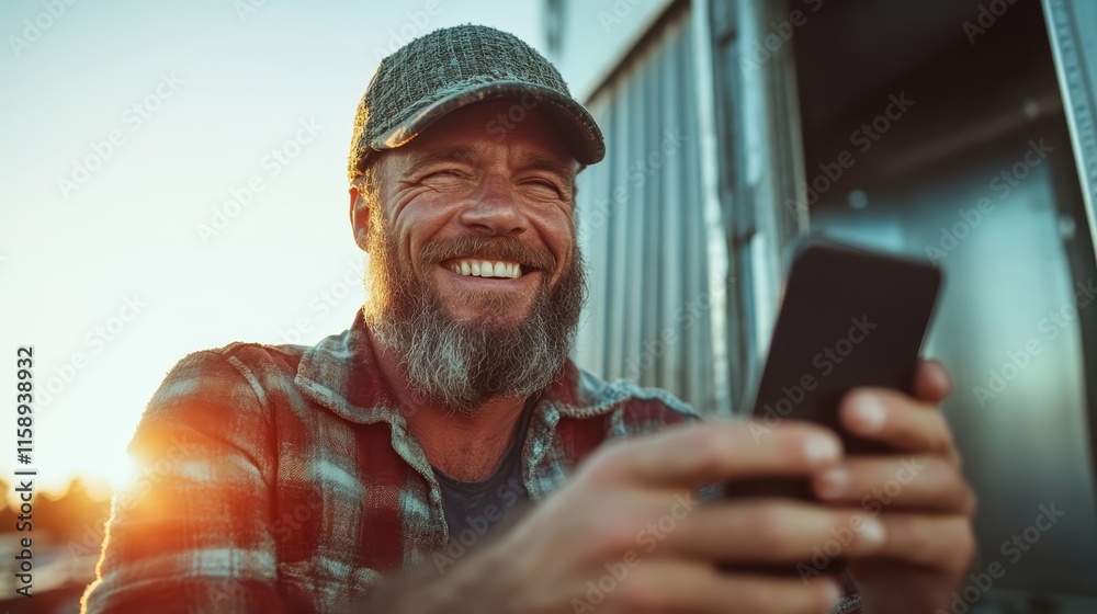 A cheerful bearded man wearing a cap and flannel shirt, sitting outdoors and happily using a smartphone, captured in warm sunset light, representing joyful connectivity. A cheerful bearded man wearing a cap and flannel shirt, sitting outdoors and happily using a smartphone, captured in warm sunset light, representing joyful connectivity.