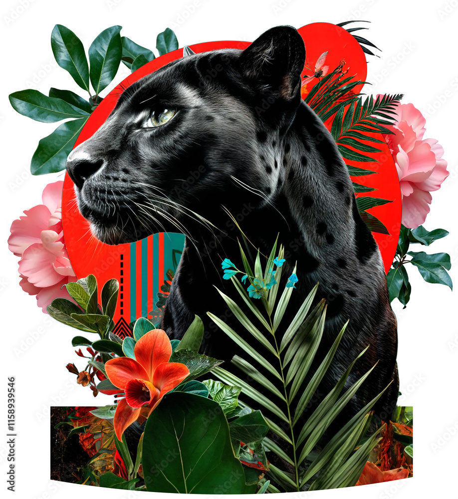 A digital collage on a transparent background of a black panther surrounded by vibrant tropical flowers and green foliage, set against a dark background with a red circular element in the backgrou