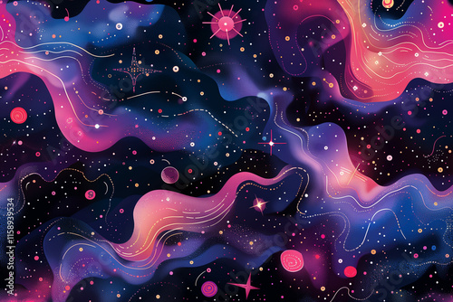 Vibrant Seamless Space Pattern with Galaxies, Stars, and Dark Pink-Purple Cosmic Design