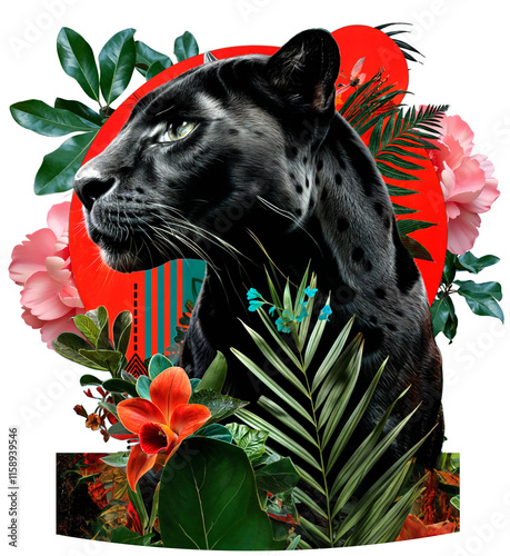 Obraz na płótnie A digital collage on a transparent background of a black panther surrounded by vibrant tropical flowers and green foliage, set against a dark background with a red circular element in the backgrou w salonie