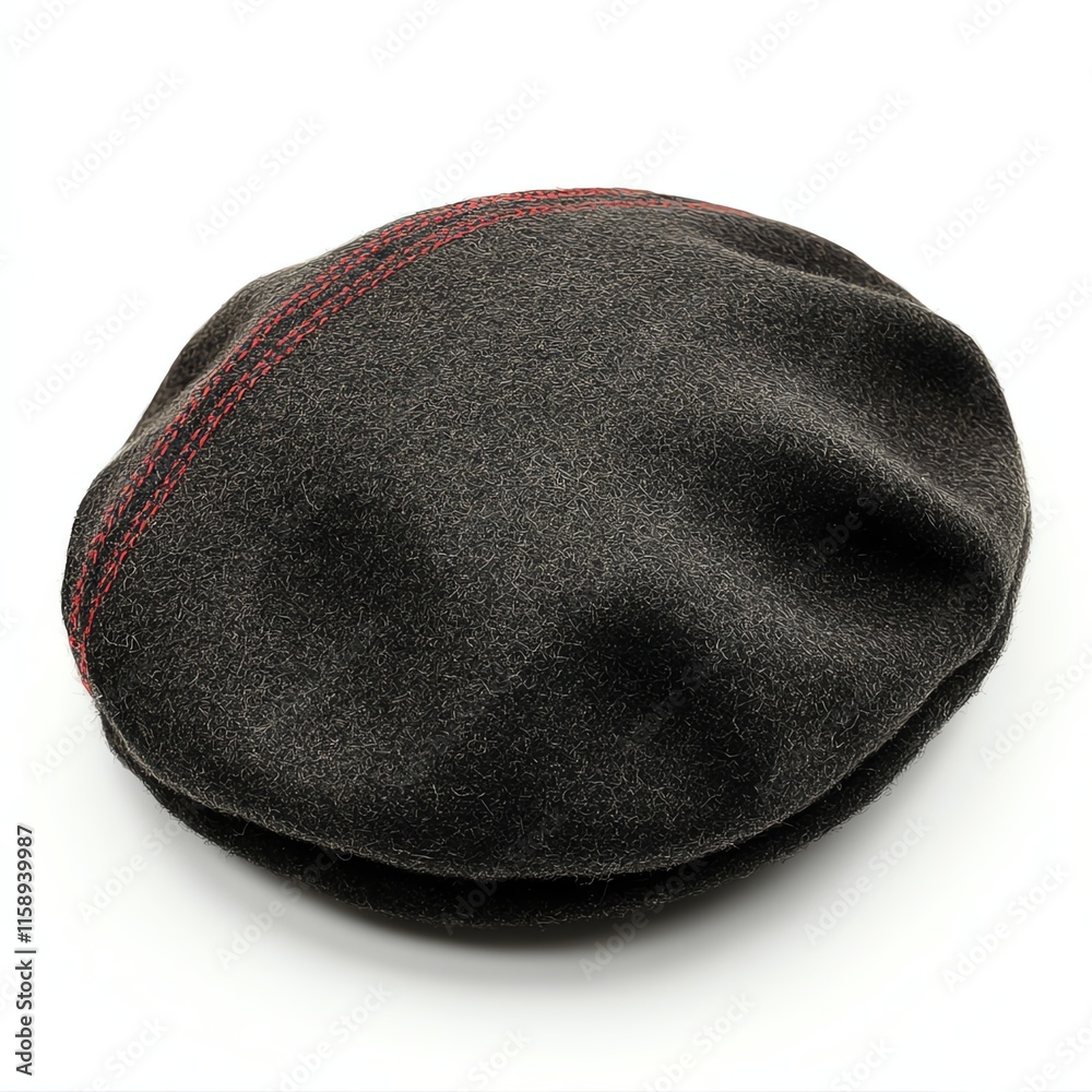 Stylish black beret hat with red stitching, white isolated background. Stylish black beret hat with red stitching, white isolated background.