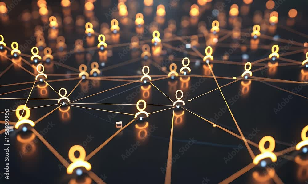 4K animation showcasing a global network of interconnected people, with glowing icons on a dark background, representing social connections and digital networking on a global scale.