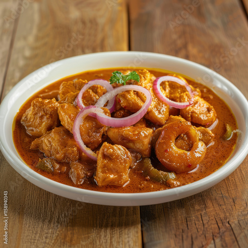 a dish of chicken fillet Dopiaza curry placed on a wooden table. photo