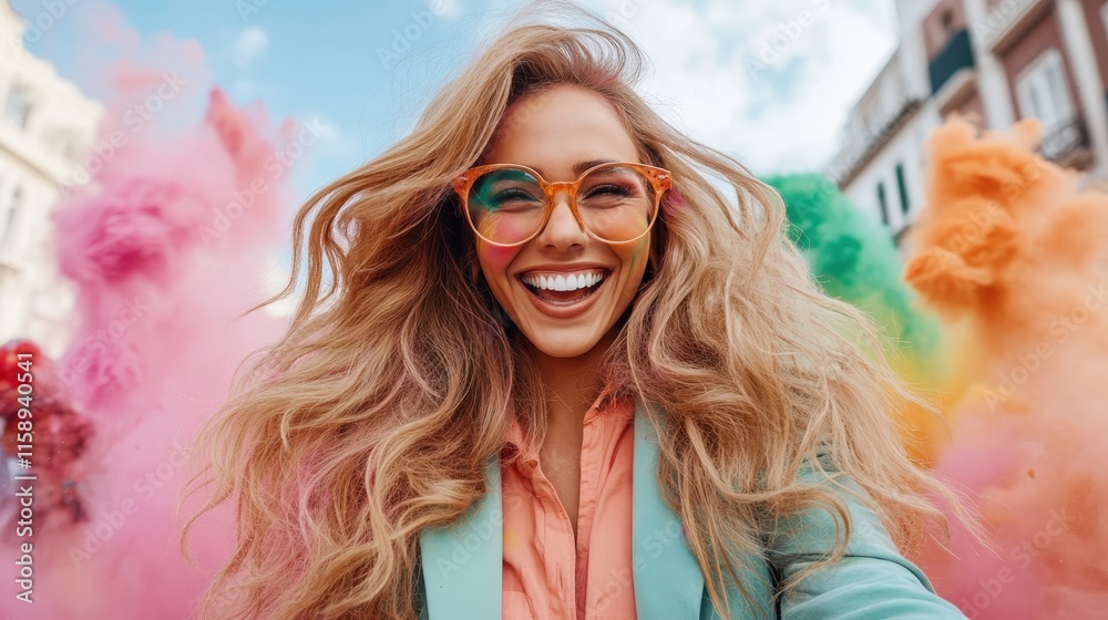 A woman smiles broadly while wearing colorful spectacles, surrounded by vibrant color clouds. The scene embodies vibrant celebration and infectious excitement. A woman smiles broadly while wearing colorful spectacles, surrounded by vibrant color clouds. The scene embodies vibrant celebration and infectious excitement.