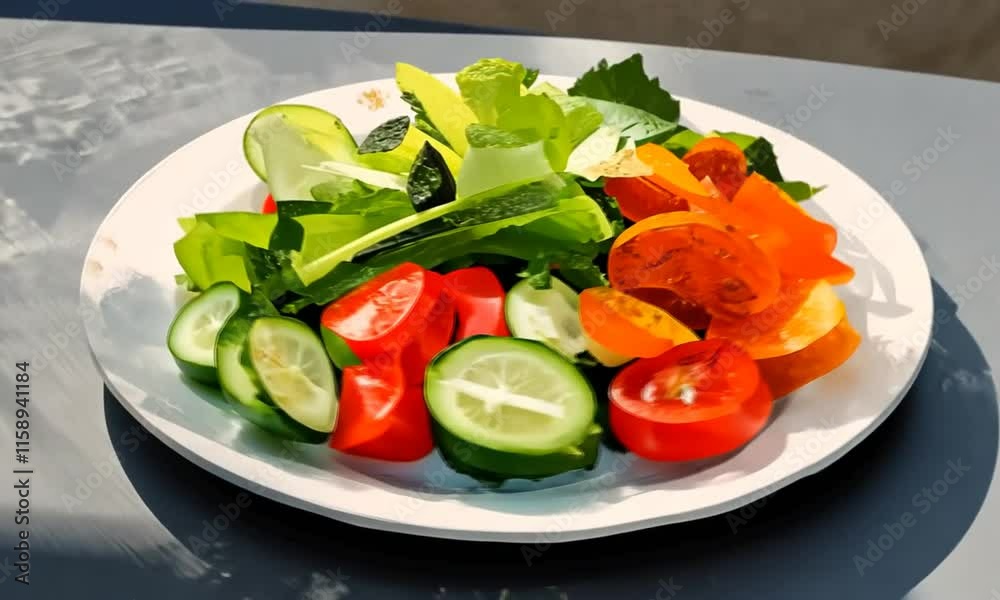 Vibrant Vegetable Salad on a White Plate, Impasto Style Vibrant Vegetable Salad on a White Plate, Impasto Style