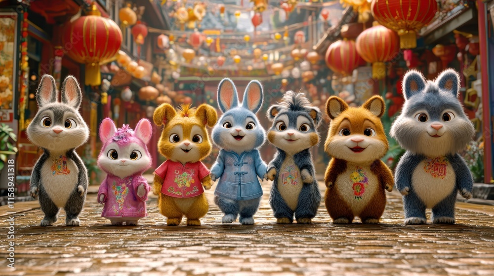 Obraz premium A group of cute, animated rabbits dressed in colorful outfits in a festive setting.