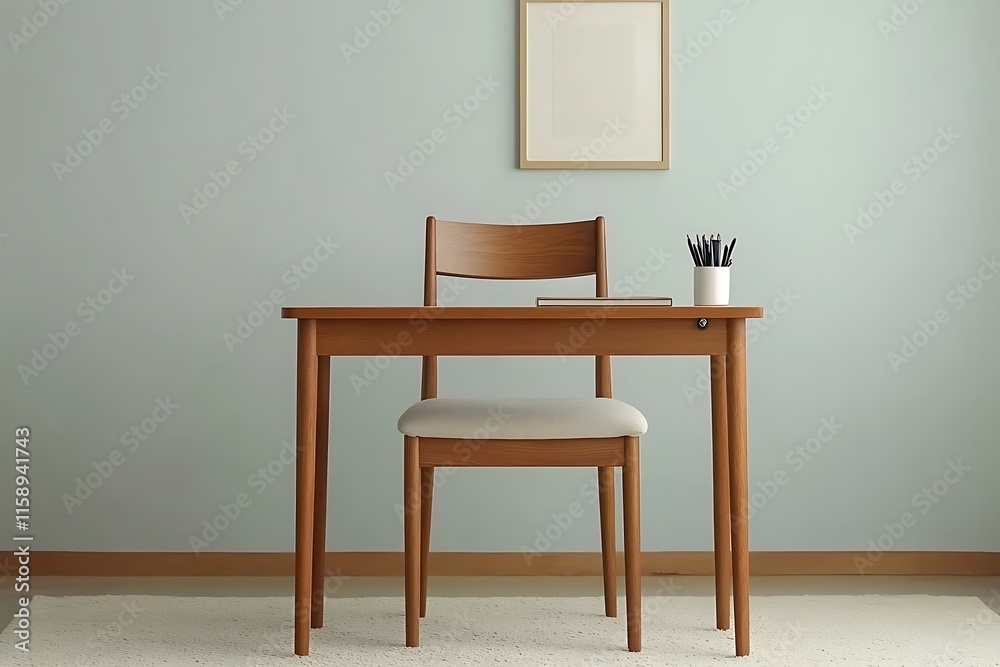 Simple wooden desk and chair in a minimalist room. Simple wooden desk and chair in a minimalist room.