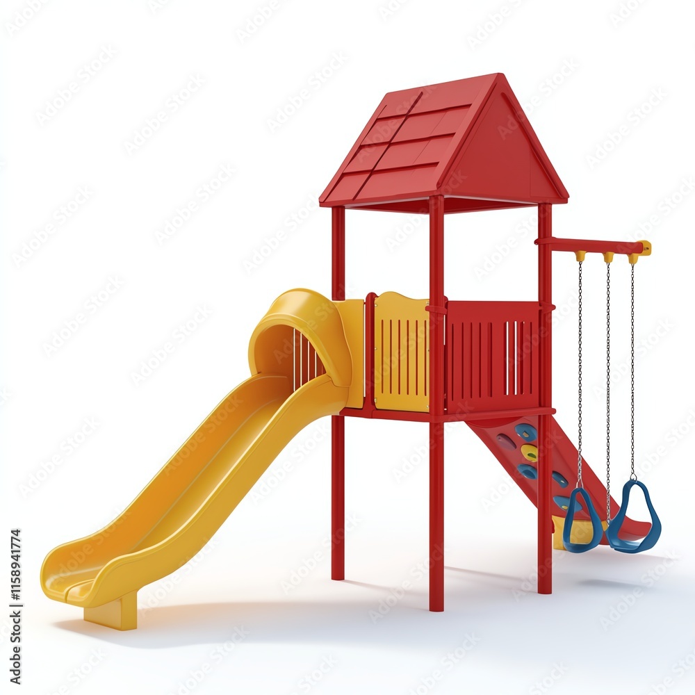 Colorful playground equipment with a slide and swings on a white isolated background. Colorful playground equipment with a slide and swings on a white isolated background.