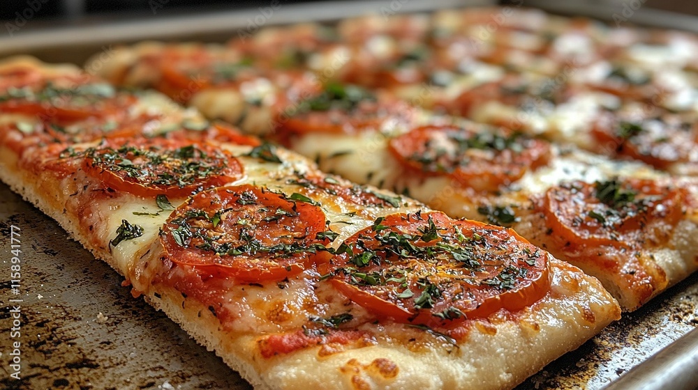 A close-up of two pizza slices on a pan with pepperoni and other toppings A close-up of two pizza slices on a pan with pepperoni and other toppings