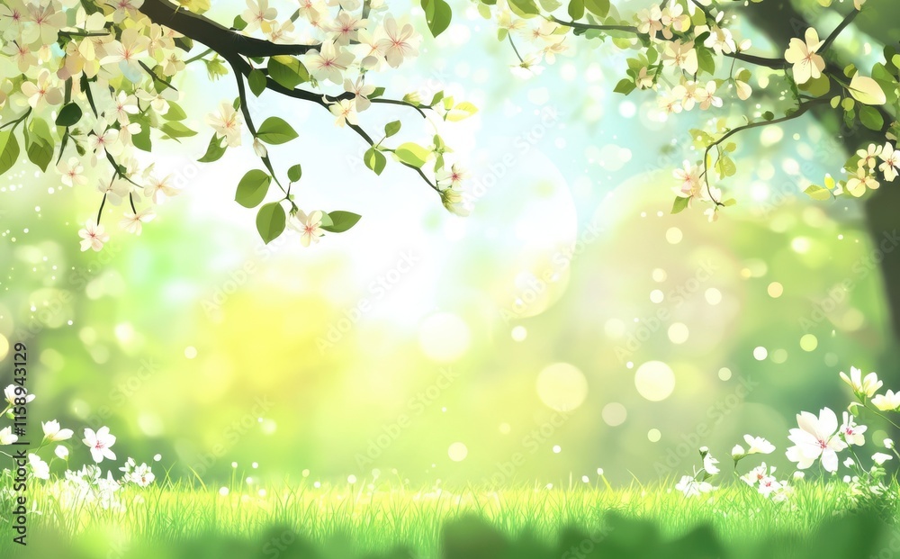 Beautiful Spring Background with Blossoming Flowers, Lush Green Grass, and Soft Bokeh Lights Creating a Serene Nature Scene for Home Decor or Floral Illustrations Beautiful Spring Background with Blossoming Flowers, Lush Green Grass, and Soft Bokeh Lights Creating a Serene Nature Scene for Home Decor or Floral Illustrations
