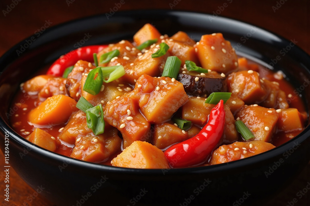 Savory dish with meat and vegetables in black bowl Savory dish with meat and vegetables in black bowl