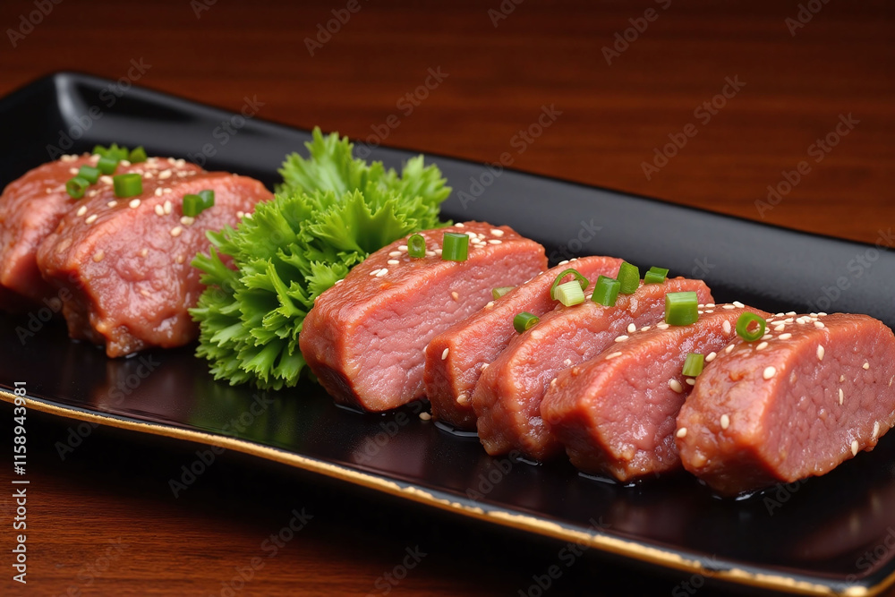 Slice of beef on black plate with garnish Slice of beef on black plate with garnish