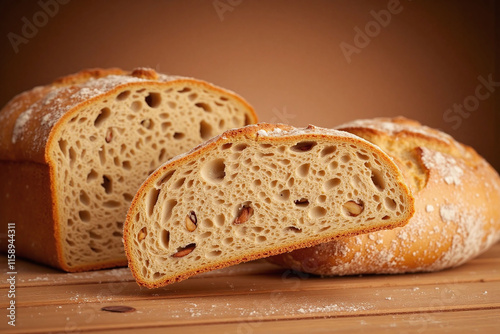 Slice of freshly baked rustic bread on table photo