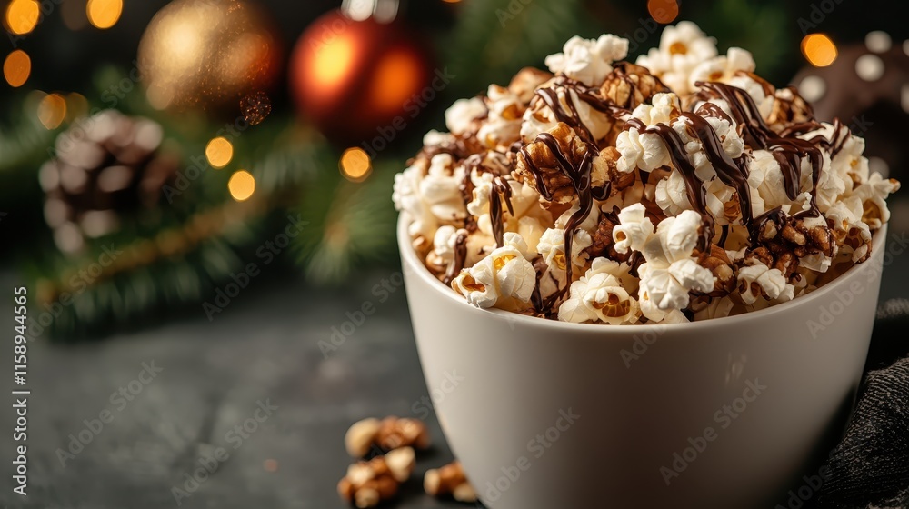 Appetizing bowl filled with popcorn drizzled with rich, melted chocolate, set against a festive holiday background with twinkling lights and blurred decorations. Appetizing bowl filled with popcorn drizzled with rich, melted chocolate, set against a festive holiday background with twinkling lights and blurred decorations.