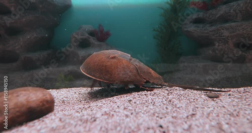 Atlantic horseshoe crab (Limulus polyphemus), also known as the American horseshoe crab, is a species of horseshoe crab, a kind of marine and brackish chelicerate arthropod. photo