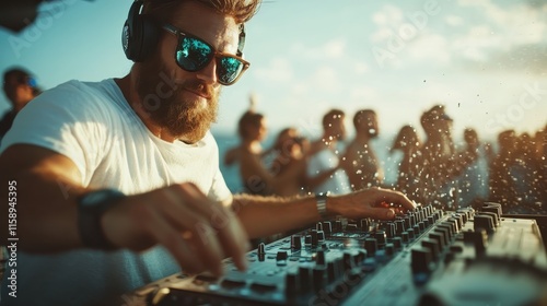 A DJ in a white t-shirt and sunglasses performs for an energetic outdoor crowd, highlighting the vibrant atmosphere and beats of a sunny music festival.