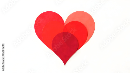 Layered red and pink hearts forming a minimalist design on a white background. Perfect for Valentine's Day cards, love-themed projects, or decorative branding concepts. Selective focus photo