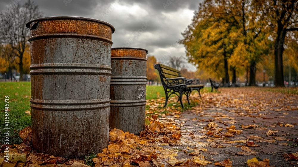 Naklejka premium Overcast City Park with Waste Barrels and Benches
