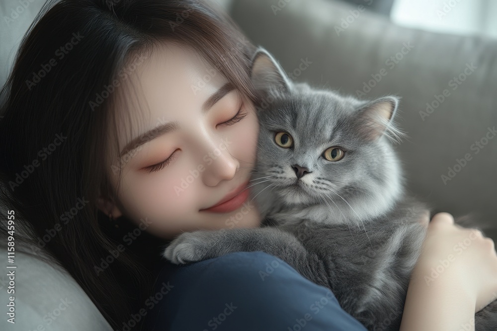 Serene young woman embraces fluffy gray cat. Ideal for websites, blogs, or pet-related content. Serene young woman embraces fluffy gray cat. Ideal for websites, blogs, or pet-related content.