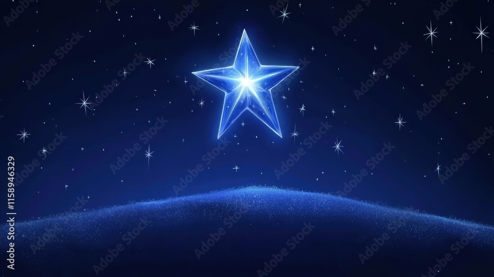 Obraz premium Glimmering Star Over Dark Blue Night Sky with Sparkling Stars