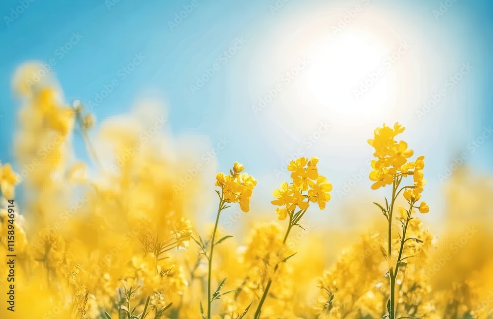 Obraz premium Bright Yellow Flowers Blooming Under a Clear Blue Sky with Sunlight Glowing in the Background, Capturing the Essence of Nature's Beauty and Serenity