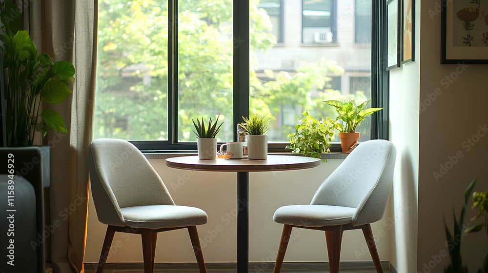 A cozy dining nook with two chairs and greenery, illuminated by natural light from a large window.