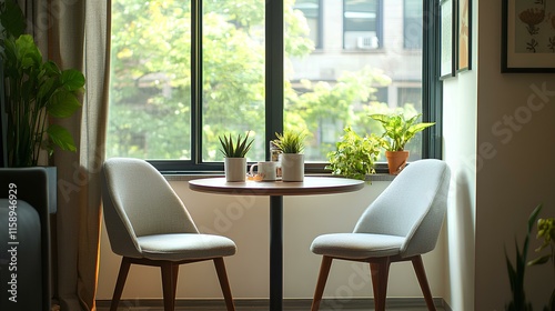 A cozy dining nook with two chairs and greenery, illuminated by natural light from a large window.