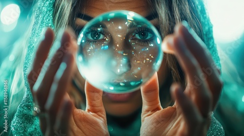 A mysterious individual peers through a crystal ball, their intense gaze suggesting foresight and mysticism, enveloped by an ethereal, sparkling atmosphere. photo