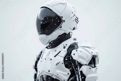 Closeup of a sleek, white robot with a helmet, showcasing advanced technology and artificial intelligence. The robots design is futuristic and detailed. photo