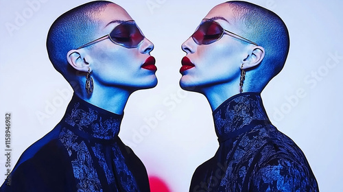 Futuristic Androgynous Elegance - Red and Blue Fashion Reflection