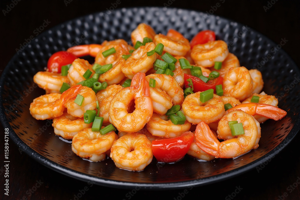 Plate of stir fried shrimp with garnishes Plate of stir fried shrimp with garnishes