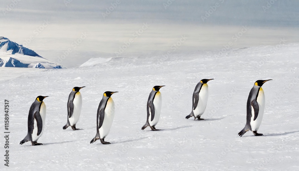 Fototapeta premium Emperor Penguins Marching Across the Vast Antarctic Ice in a Harsh Winter