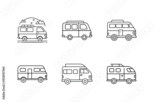 camper van icon line art vector, set of transport icons