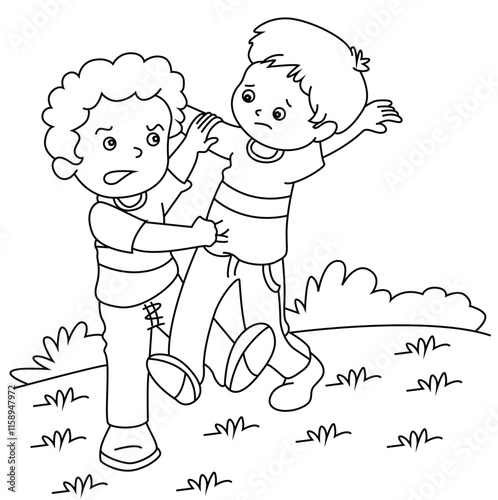 Cute cartoon hand drawn vector kids are fighting coloring page.