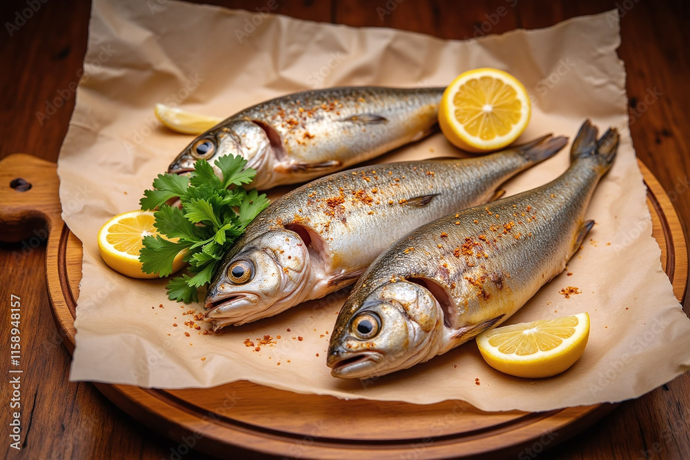 Three grilled fish on wooden cutting board with lemon and herbs Three grilled fish on wooden cutting board with lemon and herbs