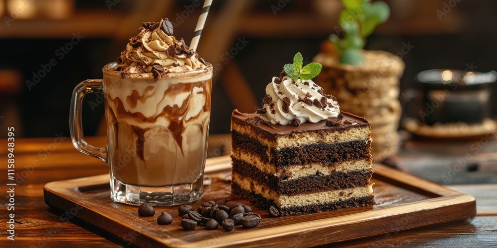 Fresh iced coffee paired with a delicious chocolate crepe cake elegantly served on a wooden tray in a charming coffee shop setting. Enjoy the delightful combination of iced coffee and crepe cake.