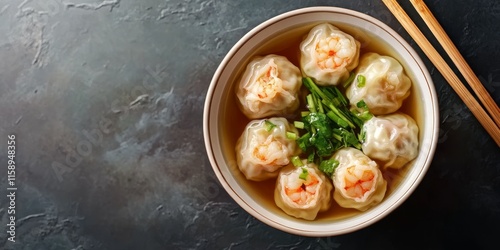 Delicious wanton soup bowl featuring shrimp dumplings, enhanced with green pickled chili in soy sauce, represents popular cuisine. Enjoy the rich flavors of wanton soup with these savory elements.