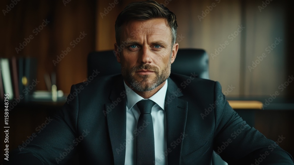 A distinguished corporate professional in a dark suit gazes intently from behind a sleek desk in a sophisticated wood-paneled office, embodying leadership and focus. A distinguished corporate professional in a dark suit gazes intently from behind a sleek desk in a sophisticated wood-paneled office, embodying leadership and focus.
