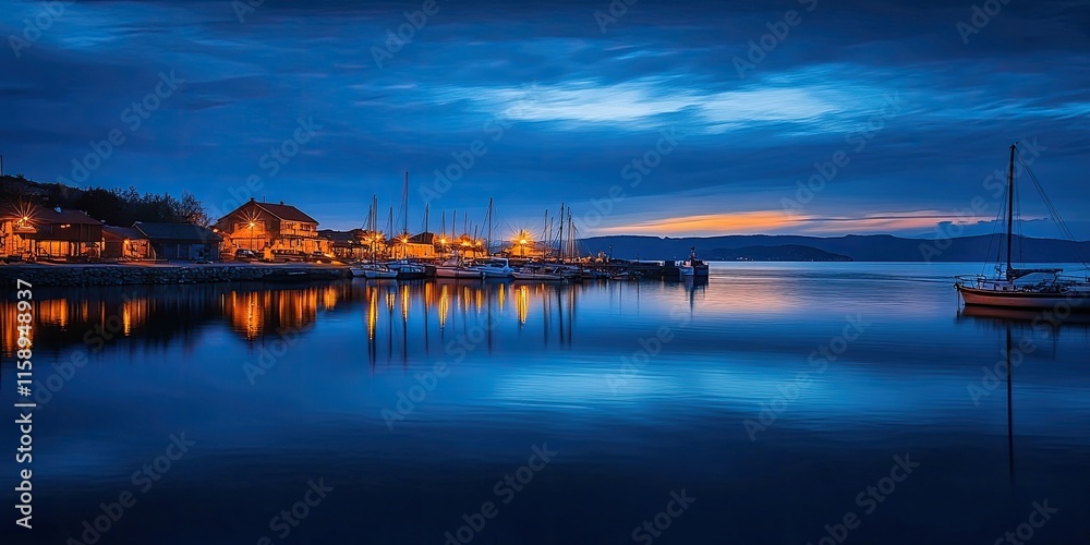 Blue hour scenery over a picturesque bay, capturing the enchanting beauty of blue hour reflections and vibrant colors, creating a serene and tranquil atmosphere during blue hour. Blue hour scenery over a picturesque bay, capturing the enchanting beauty of blue hour reflections and vibrant colors, creating a serene and tranquil atmosphere during blue hour.
