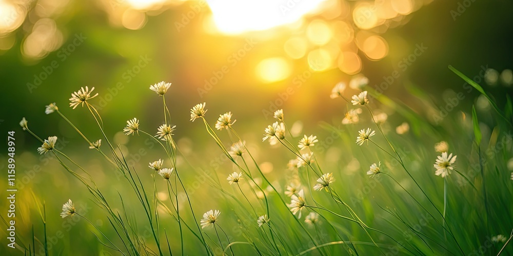 Obraz premium Vibrant flower grass thrives in the meadow, creating a stunning natural display. This beautiful flower grass beautifully enhances the picturesque scenery of the meadow surroundings.